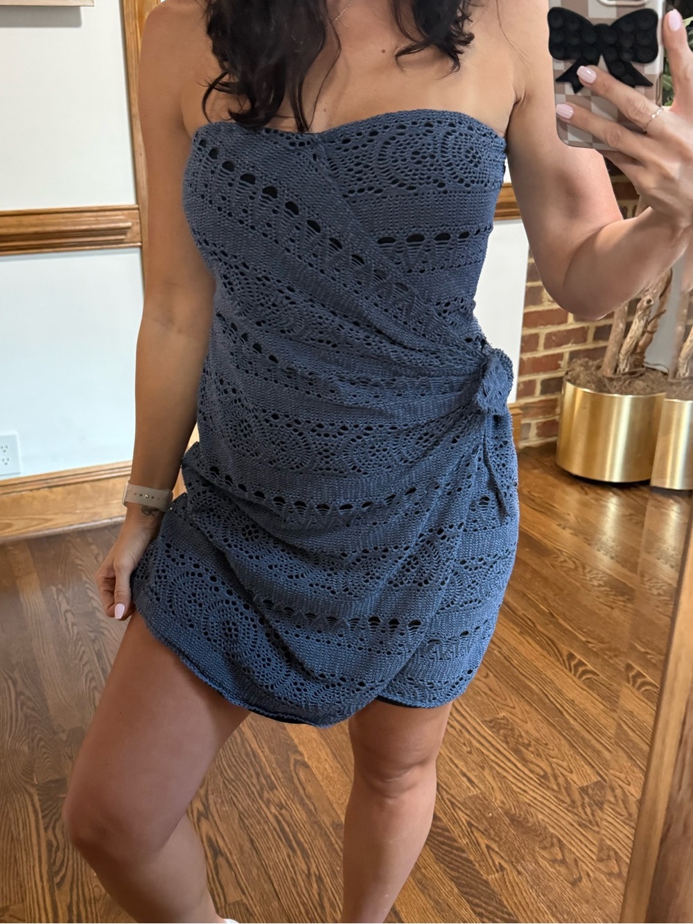 Free People Strapless Crochet Mini Dress in Denim Blue